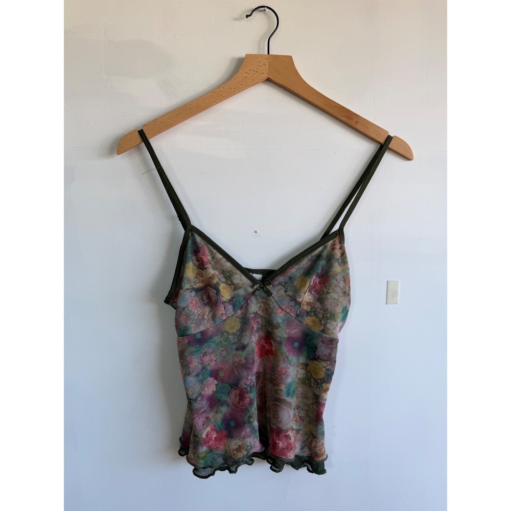 No Boundaries Floral Mesh Camisole Top XS Olive Green Y2K Lettuce Hem coquette.